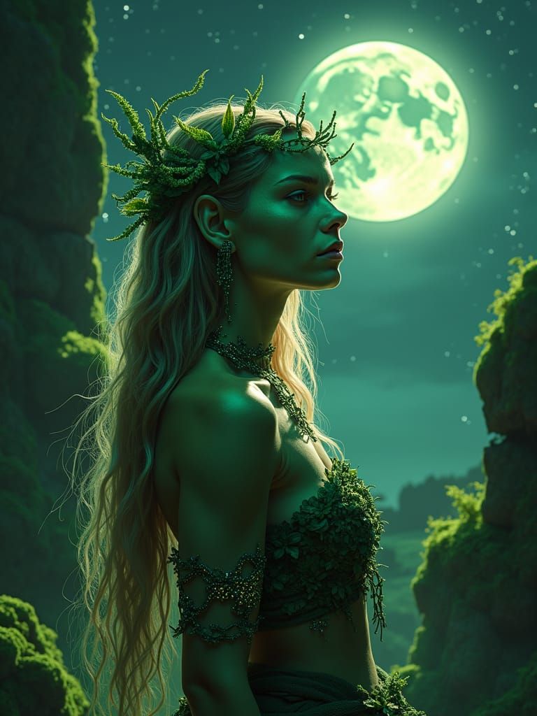 Half-Orc Druid in Moonlit Landscape