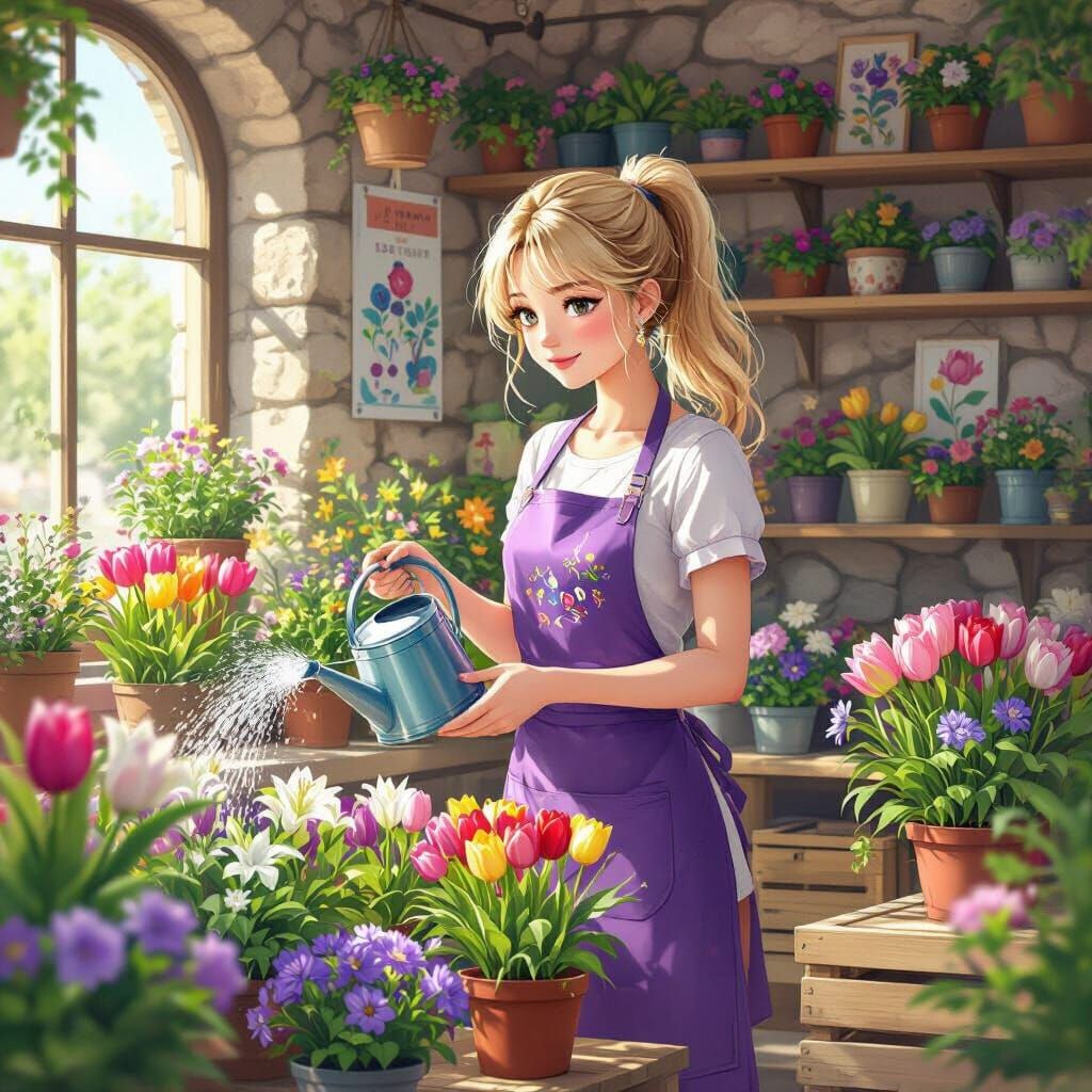 Woman Waters Flowers in Anime Style Flower Shop
