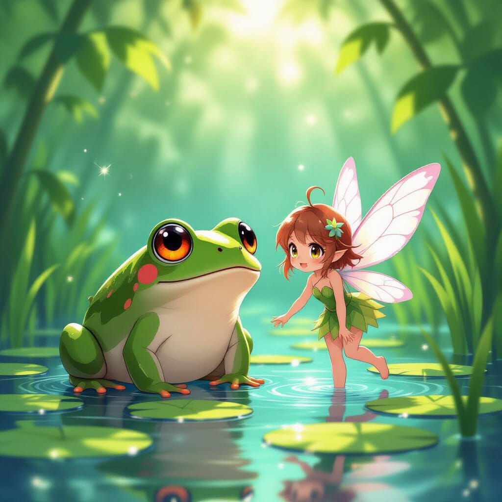 Kawaii Anime: Frog and Fairy Friendship in Swamp