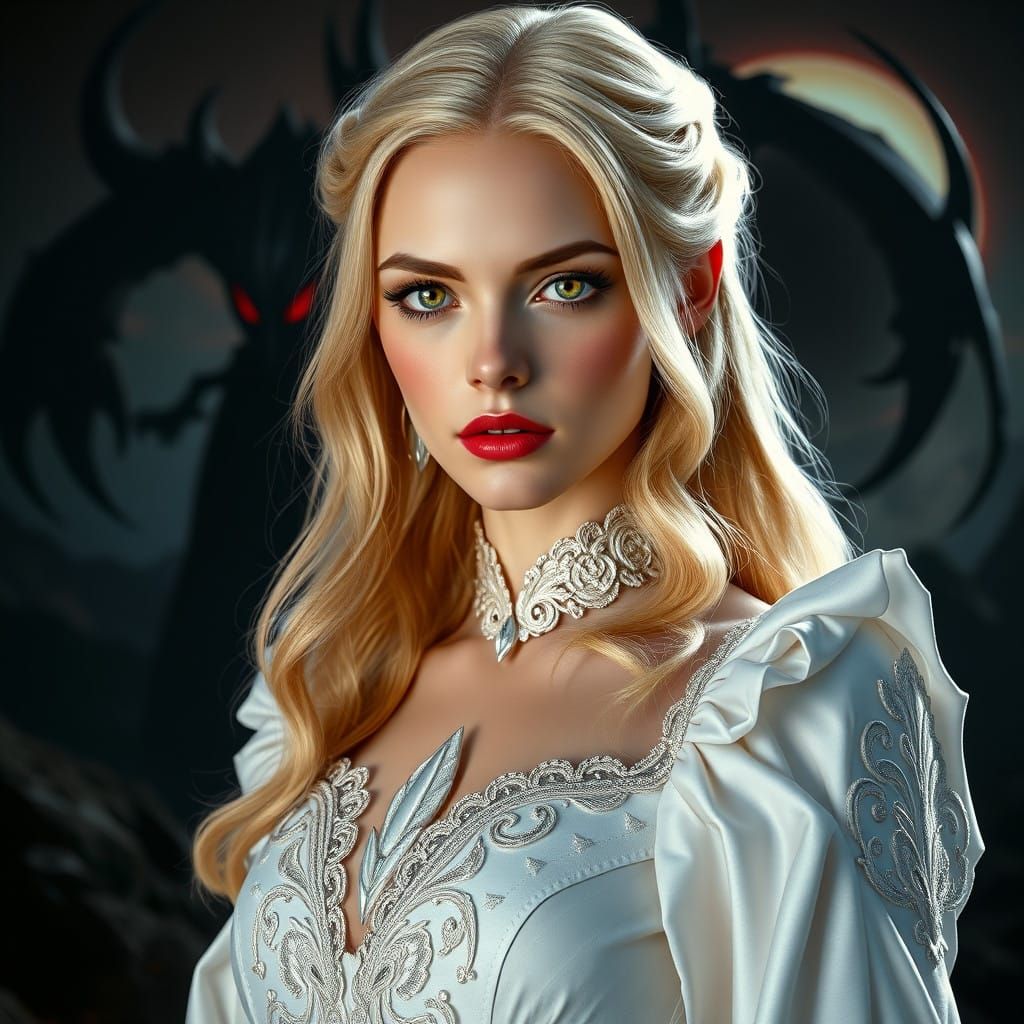 Ethereal Fantasy Woman in Velvet Gown, Looming Shadows