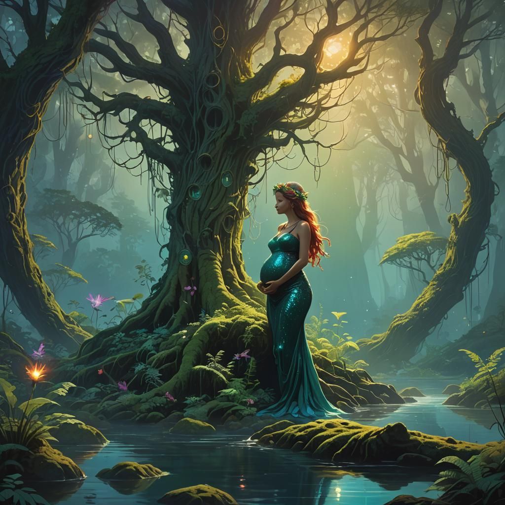 Glowing Pregnant Fairy Queen in Ethereal Forest