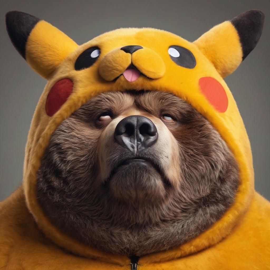Comedic Kodiak Bear with Disdainful Expression in Pikachu Co...