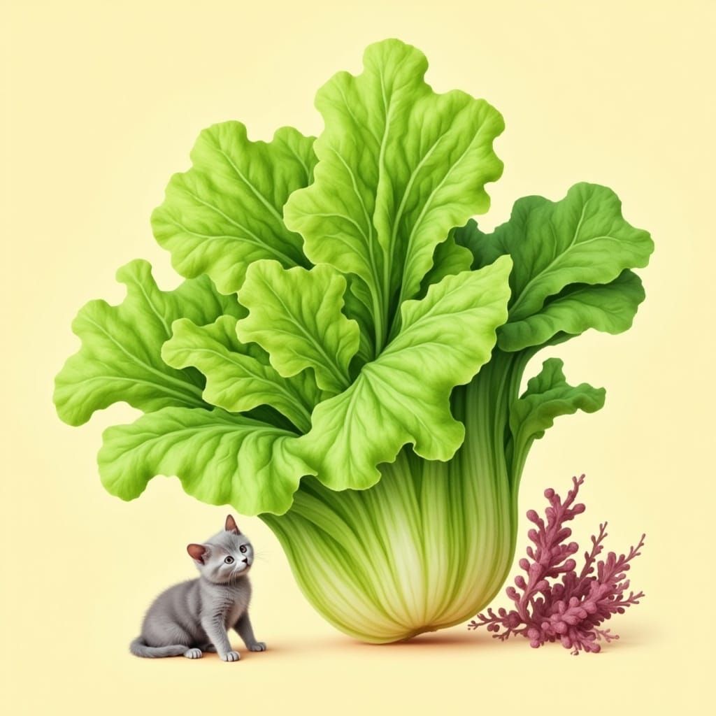 Emerald Lettuce with Curious Cat, as Whimsical Art
