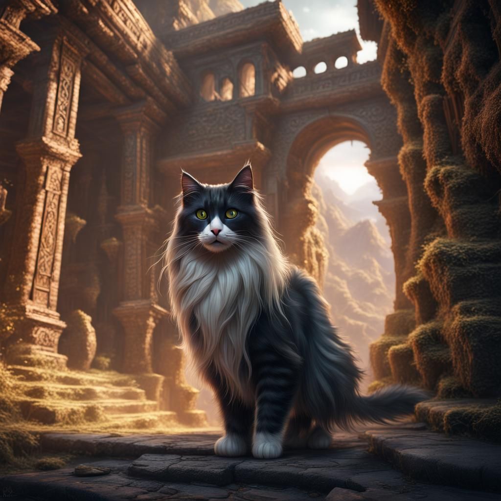 Longhair Cat in Ancient Place: Detailed Matte Painting