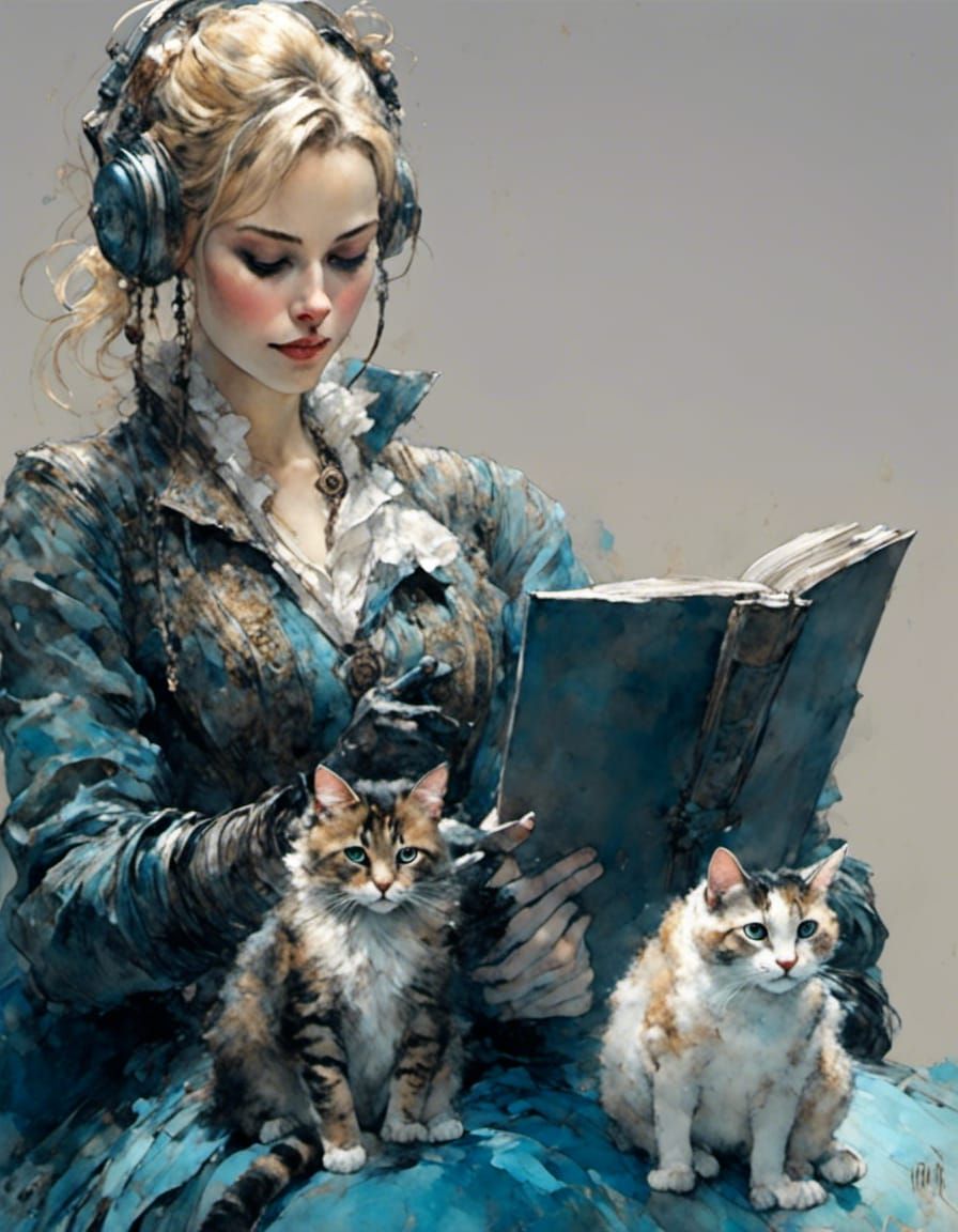 Woman Gaming with Cats in Unique Style