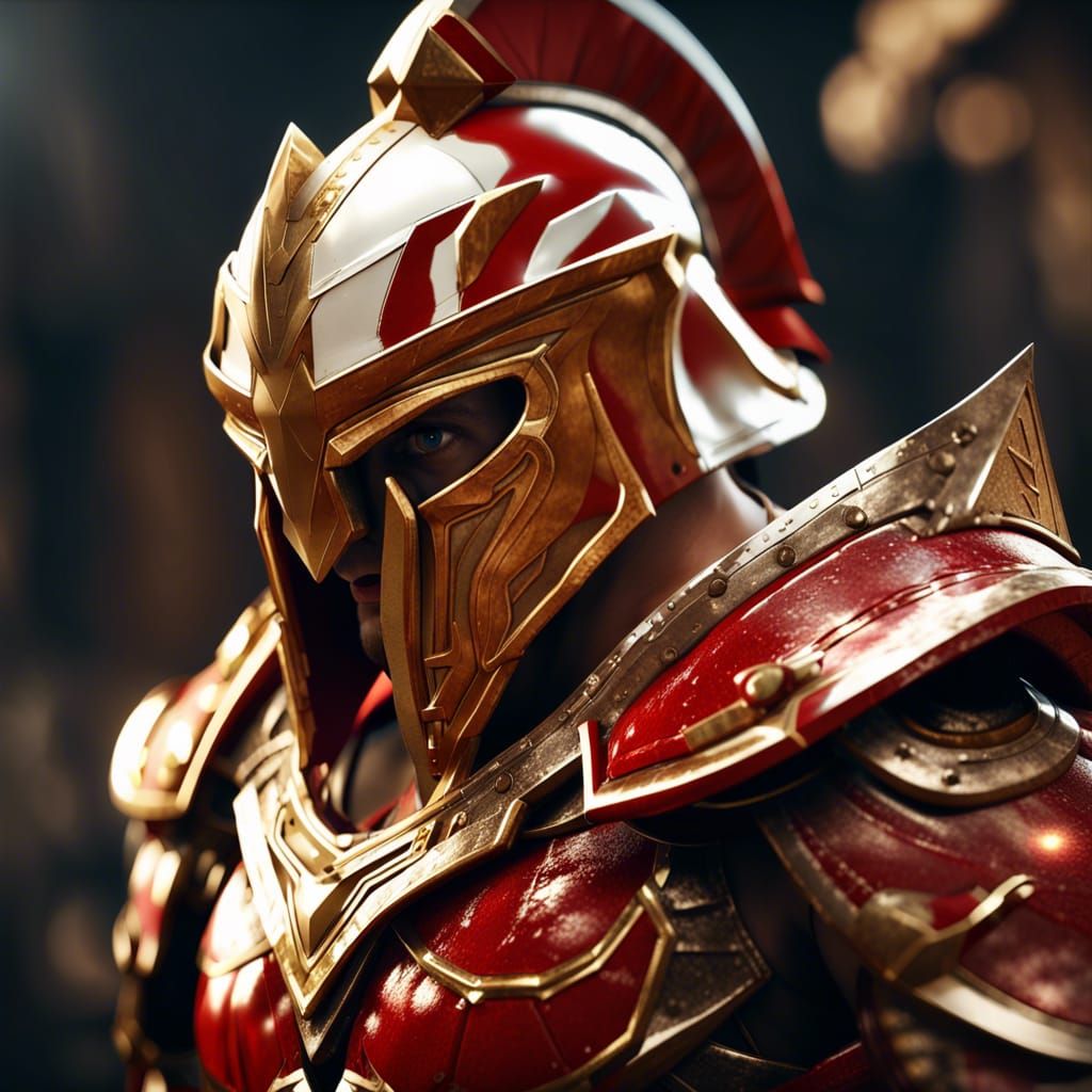 Red Armored Spartan with Minotaur Helmet in 3D