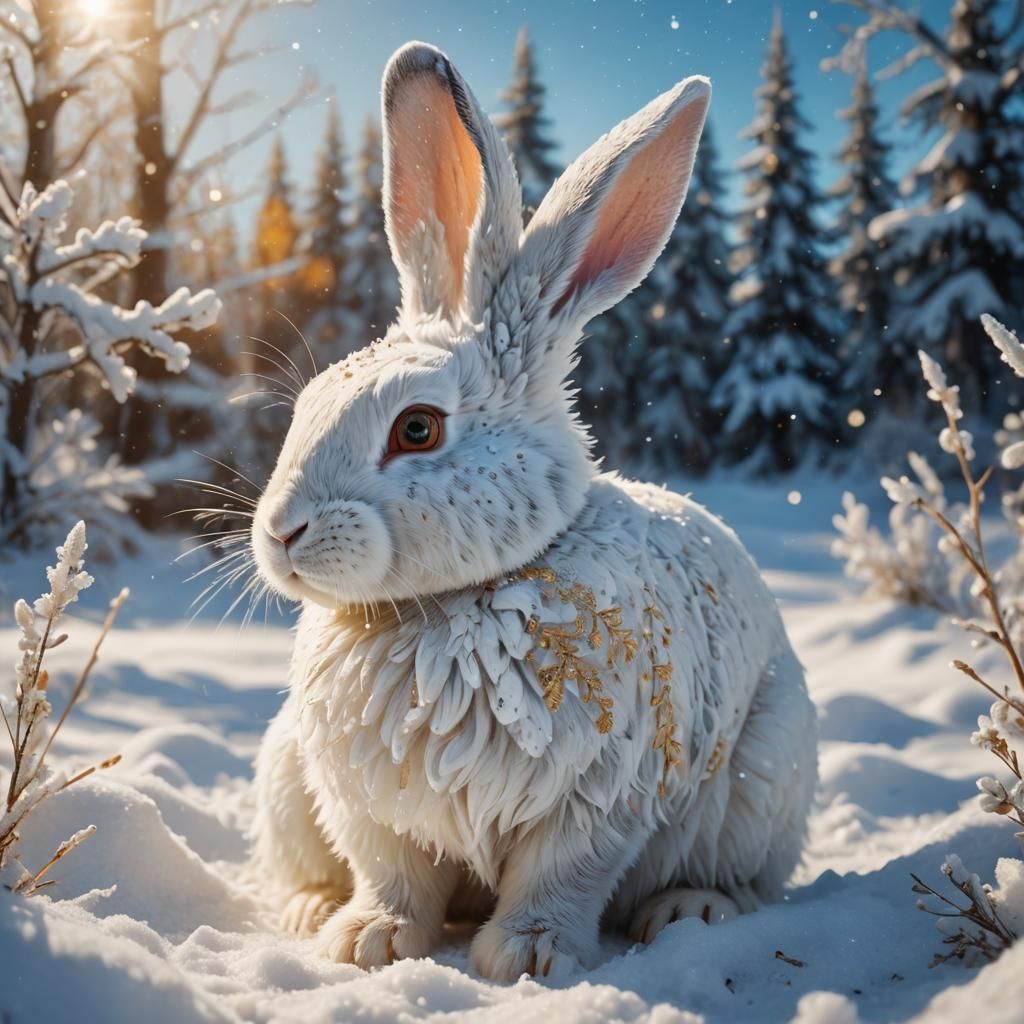 White Bunny in Snowy Fantasy Landscape