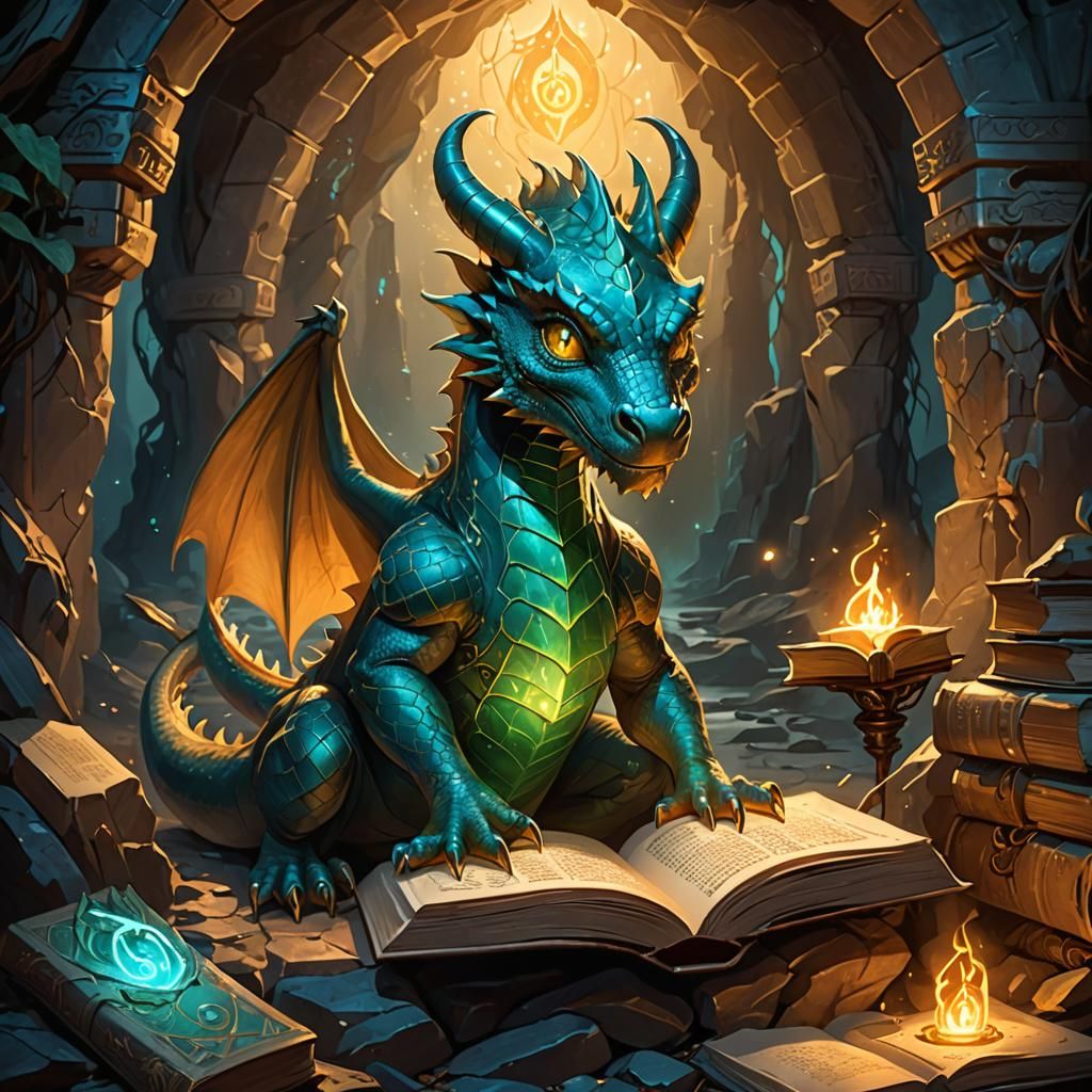 Young Dragon Absorbs Runes in Art Nouveau Style