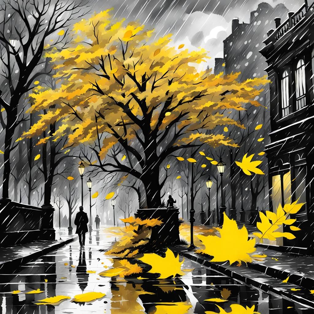 Autumn Storm: Yellow Tree in Noir Gothic Park