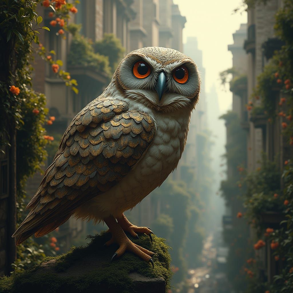 Metallic Cyborg Owl on Solarpunk Cathedral