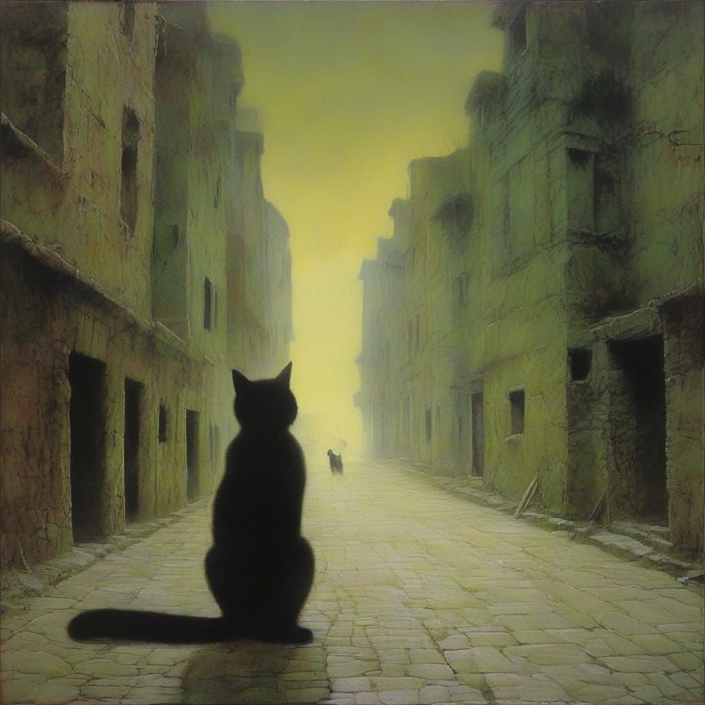 Sleek Black Cat Surveys Dark, Gothic Street Scene