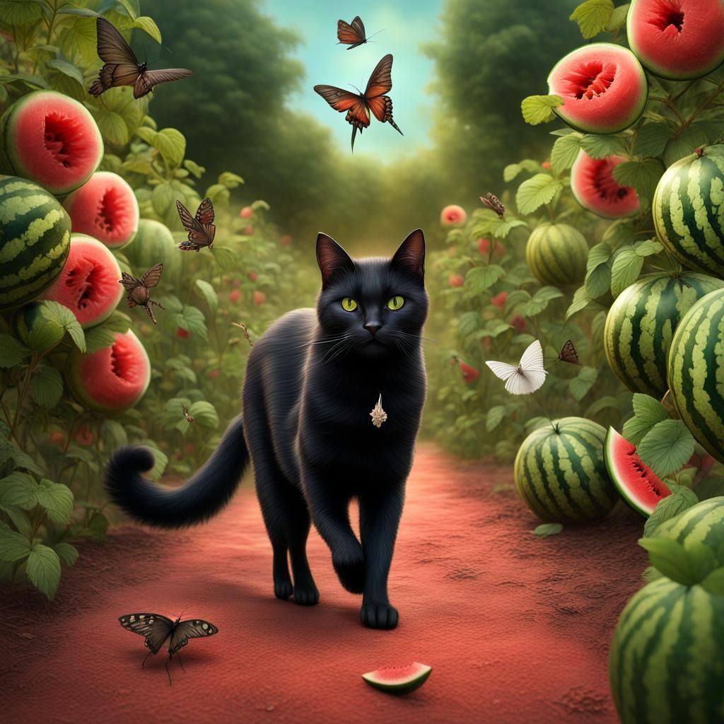 Cat in Watermelon Garden: Hyperrealistic Digital Art