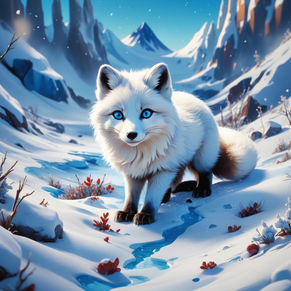 Snow White Arctic Fox Gouache Painting