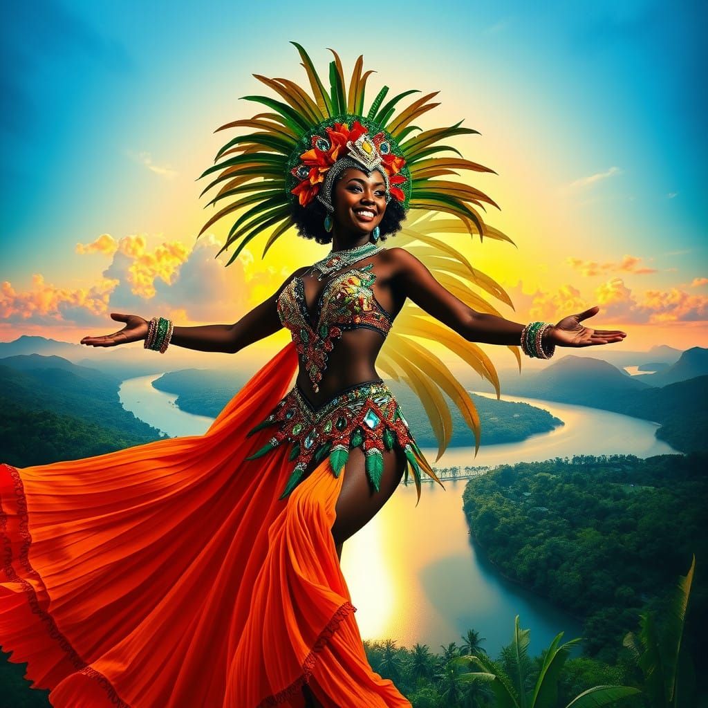 Sensual Afro Brazilian Carnival Dancer in Lush Tropical Suns...