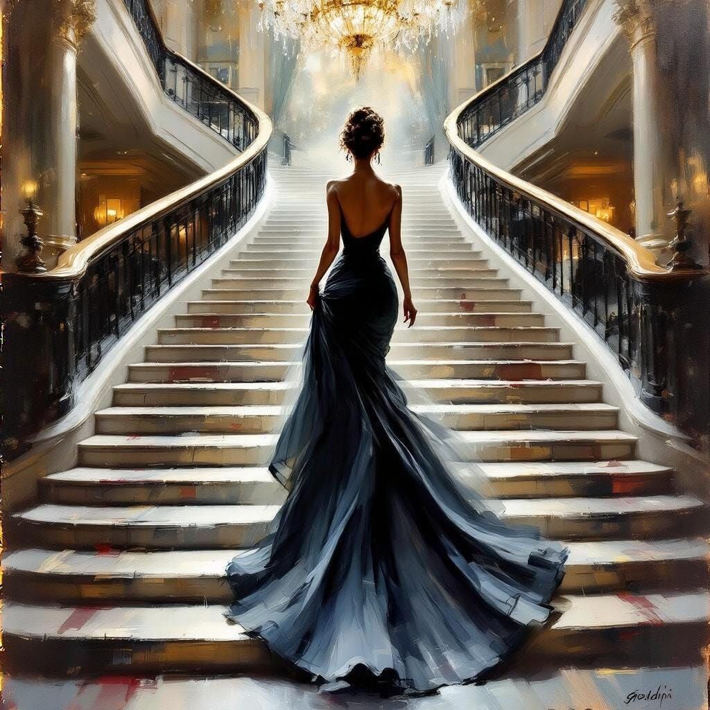 Sophisticated Woman Descends Staircase in Elegant Brushstrok...