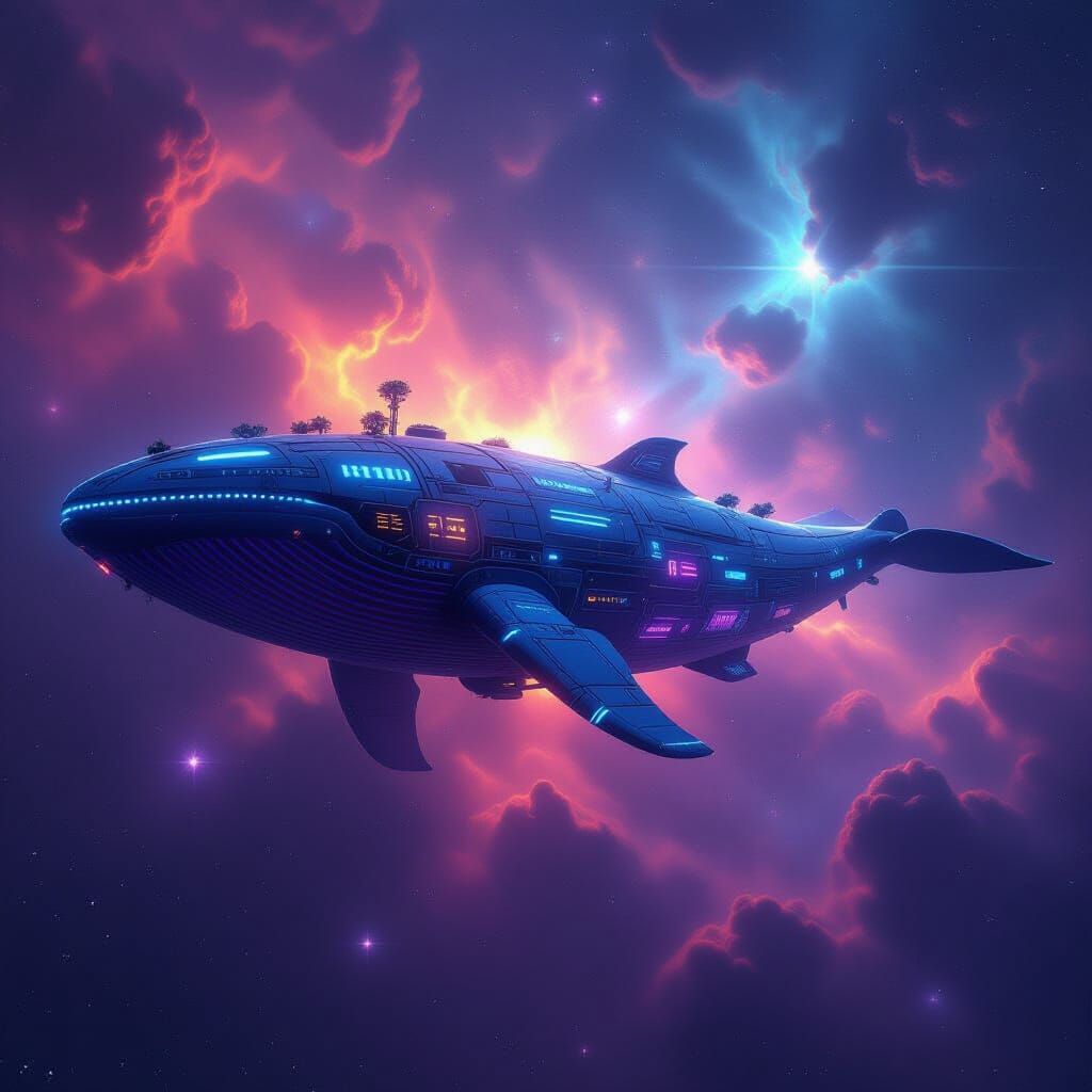 Bioluminescent Whale Spaceship in Cyberpunk Nebula