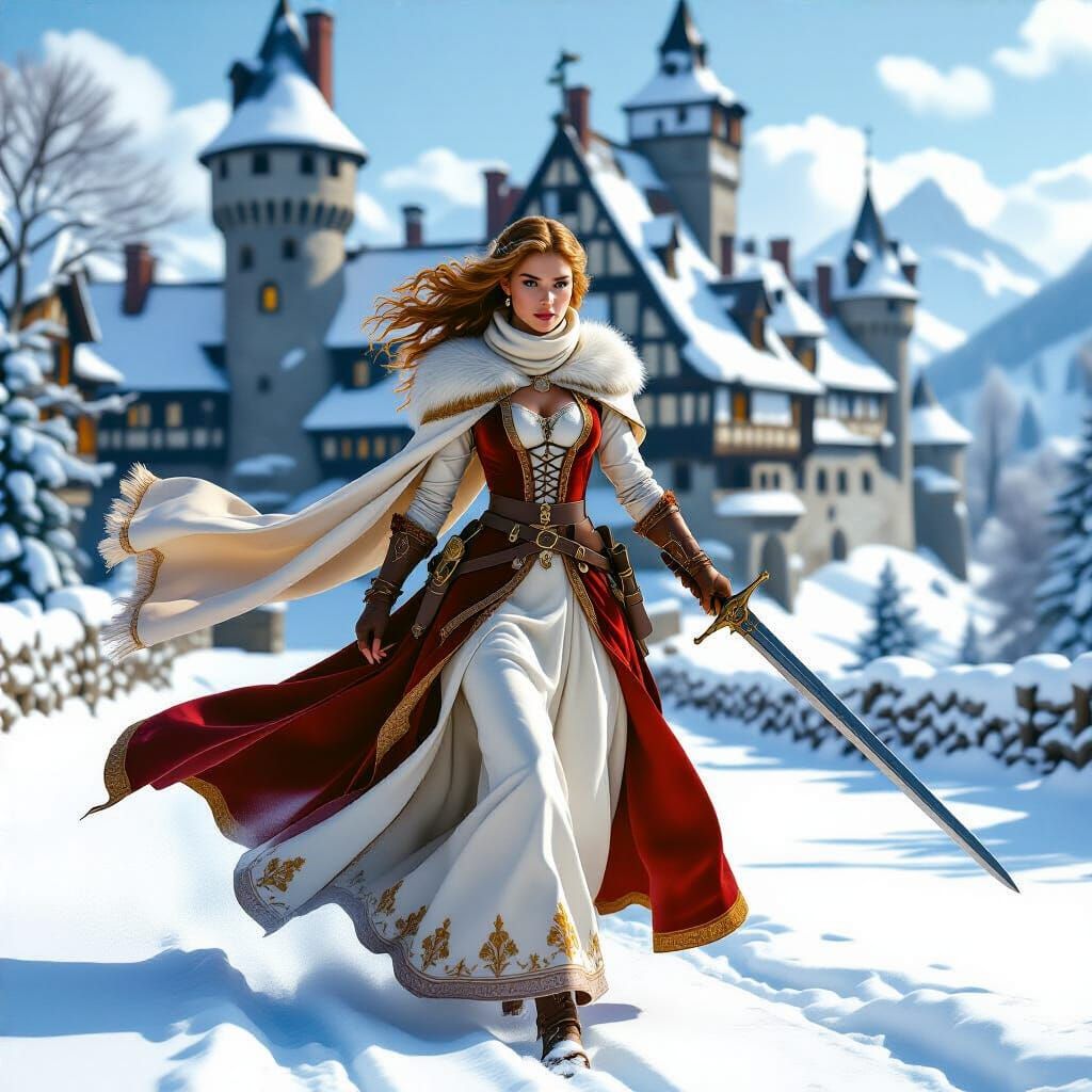 Medieval Queen Wielding Sword in Winter Landscape