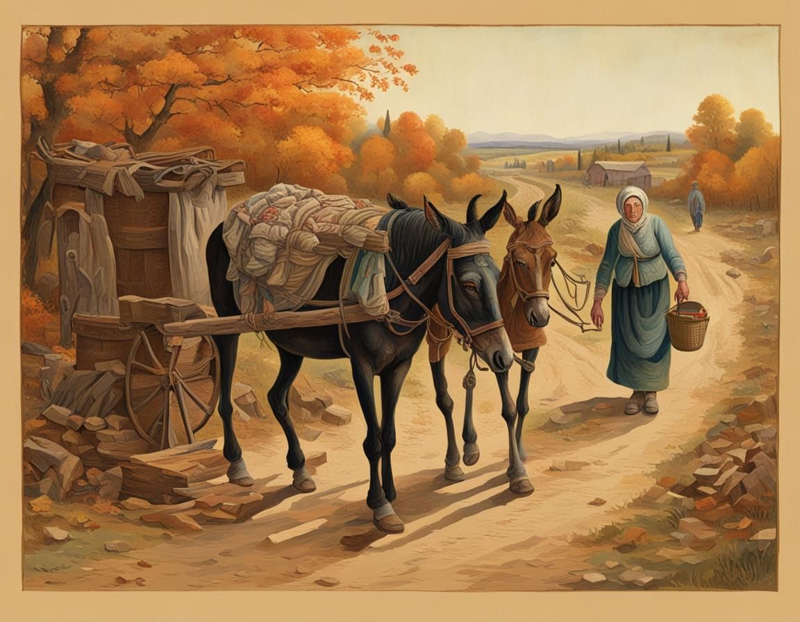 Autumn Countryside Scene with Peasant Woman and Mule