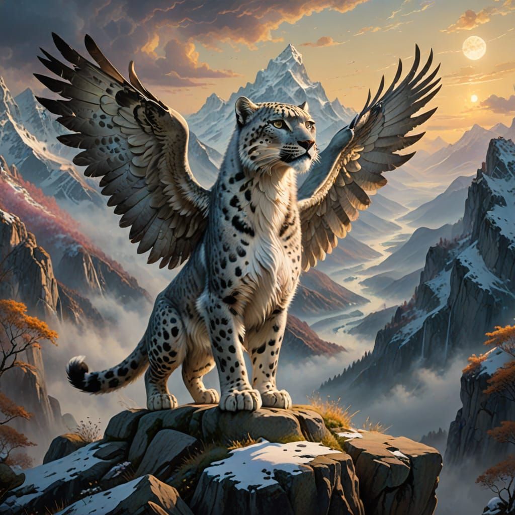 Snow Leopard with Eagle Wings: Ethereal Fantasy in Oil on Ca...