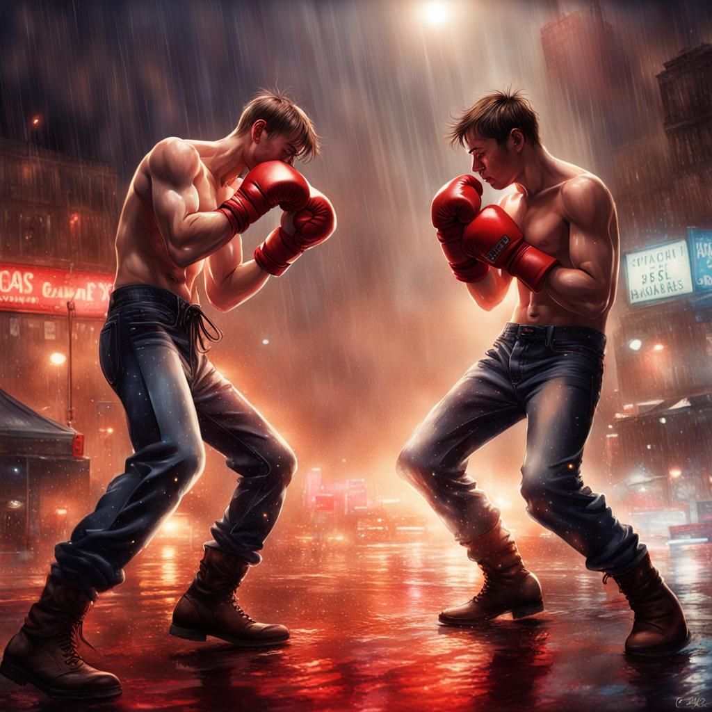 Rainy Night Boxing Match in Hyperrealistic Style