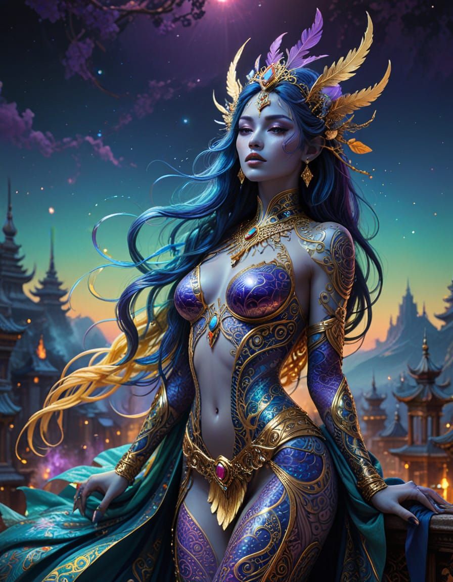 Ethereal Fantasy Goddess with Golden Tribal Tattoos in Vibra...