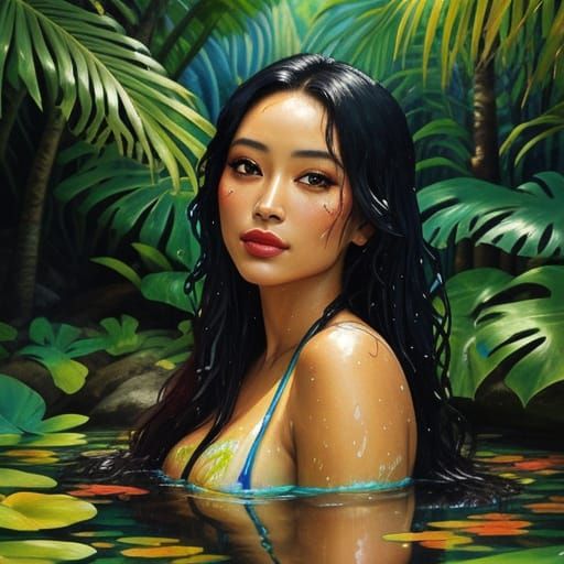 Vibrant Watercolor of Tahitian Woman by Tropical Waterfall