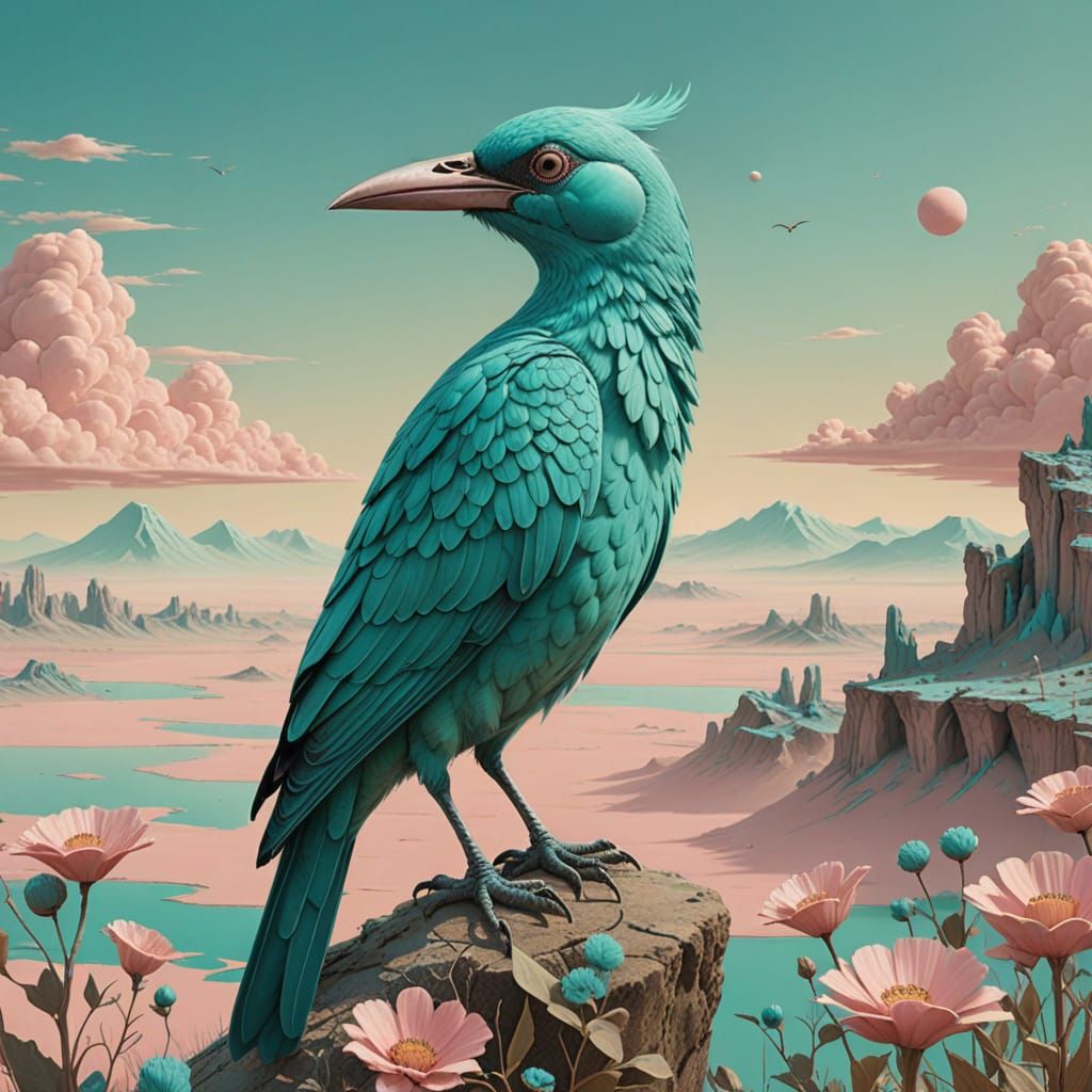 Surreal Turquoise Bird in Stylized Landscape