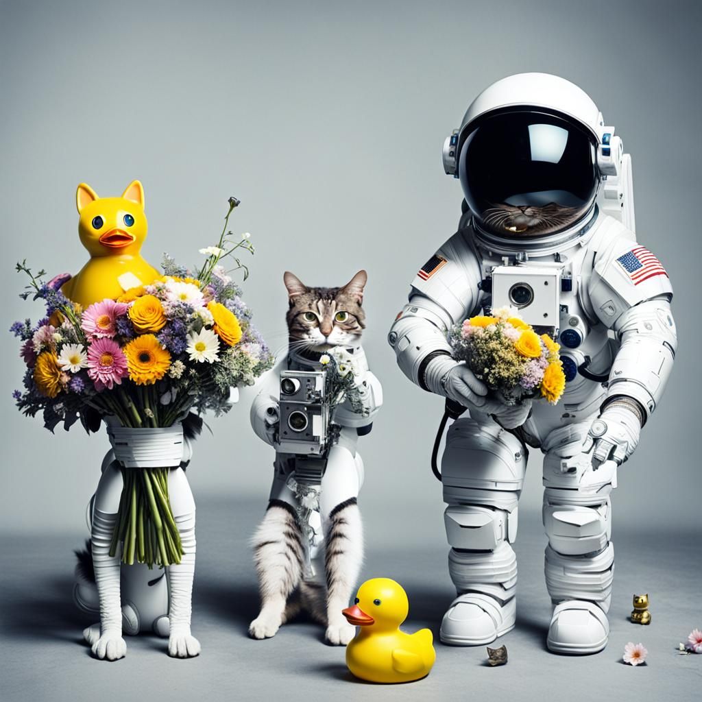 Bewildering Scene with Astronaut, Cat, and Robot