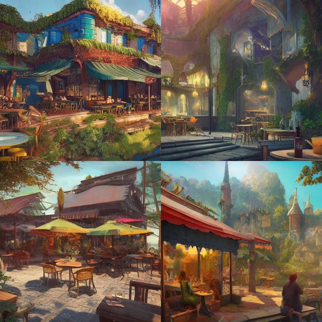 Sunny Cafe Scene in Detailed Matte Painting Style