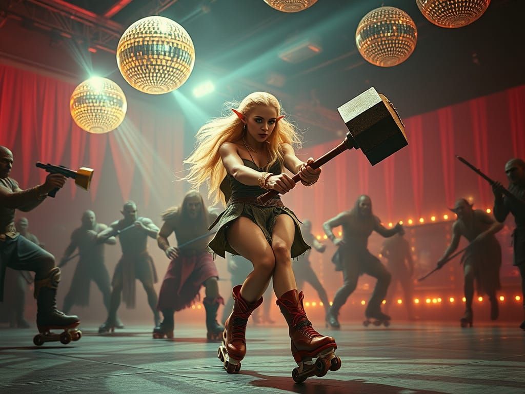 Elegant Disco Elf Fights Orcs in a Neon Wonderland