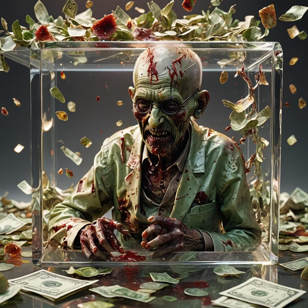 Zombie Gandhi in Glass Cube: Hyperrealistic 3D Rendering
