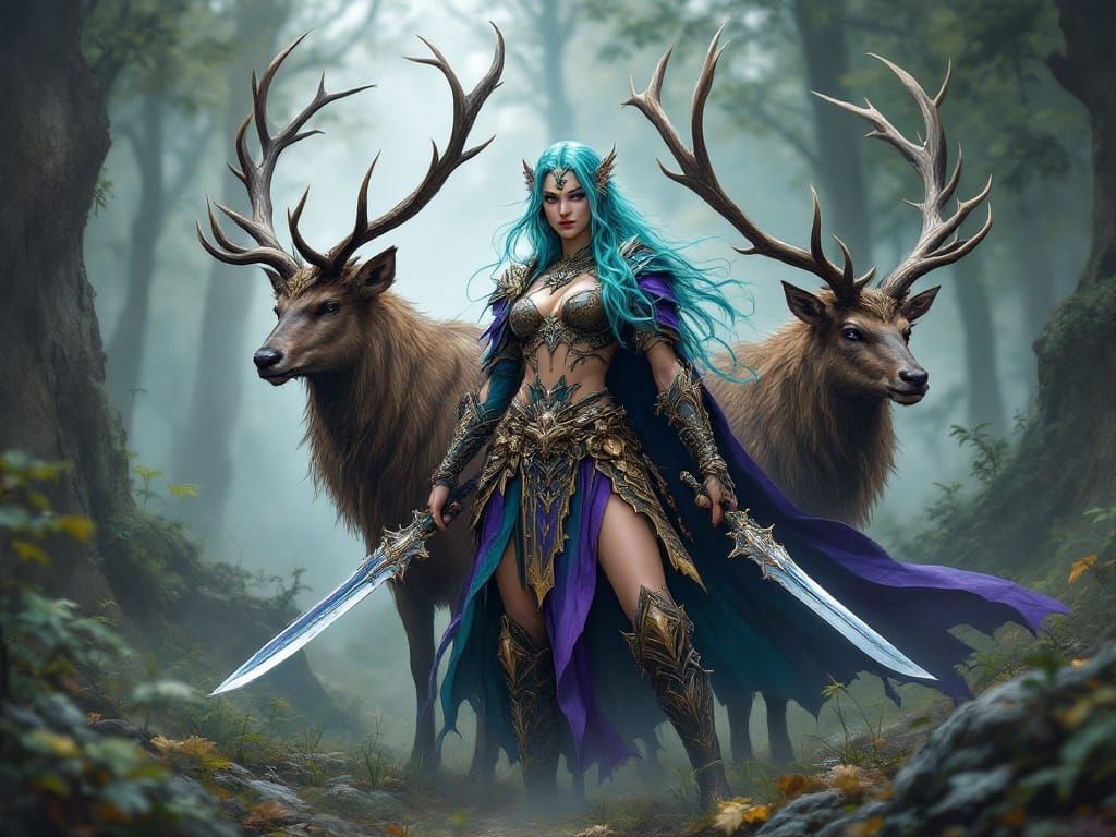Mystical Forest Warrior in Turquoise and Purple Attire