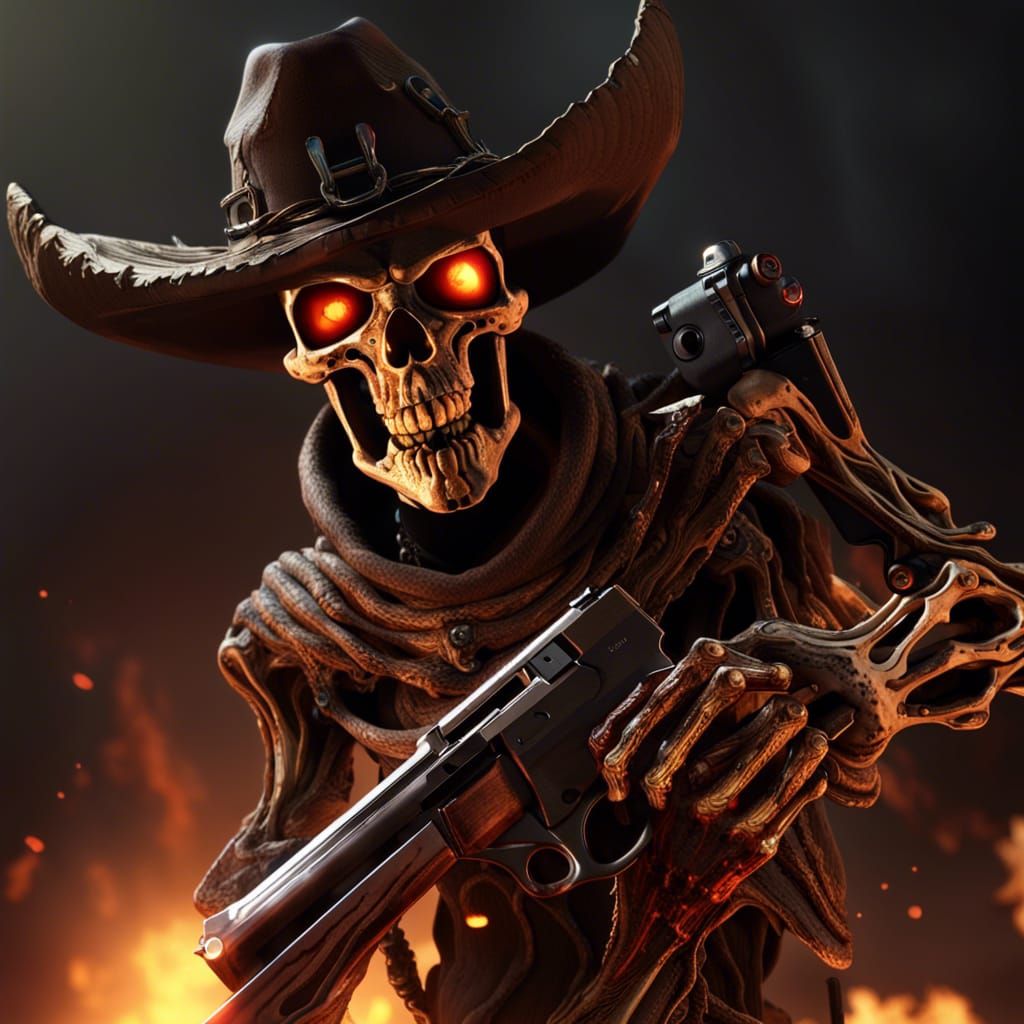 Demonic Sci-Fi Skeleton with Revolver in Hellscape