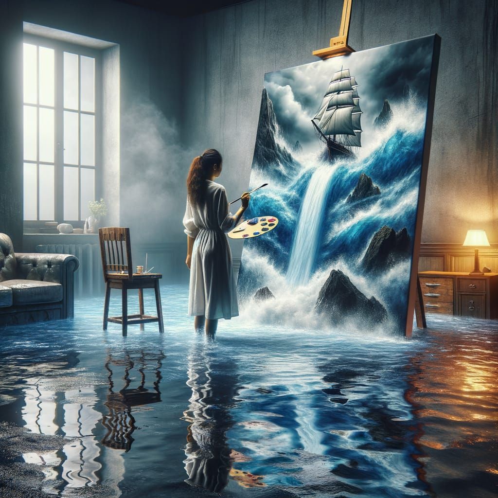 Surreal Flooded Room: Woman Painting a Seascape