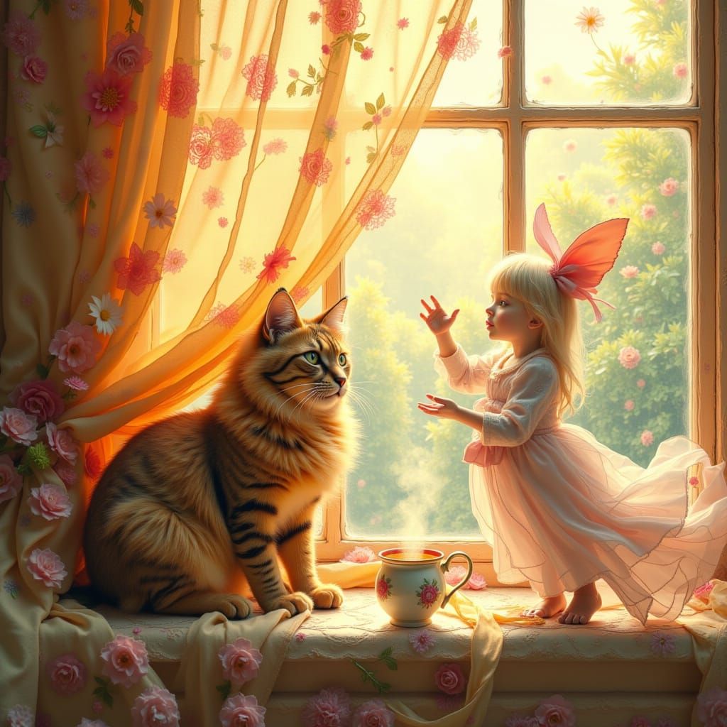 Child Petting Cat on Sunny Windowsill in Watercolor Style