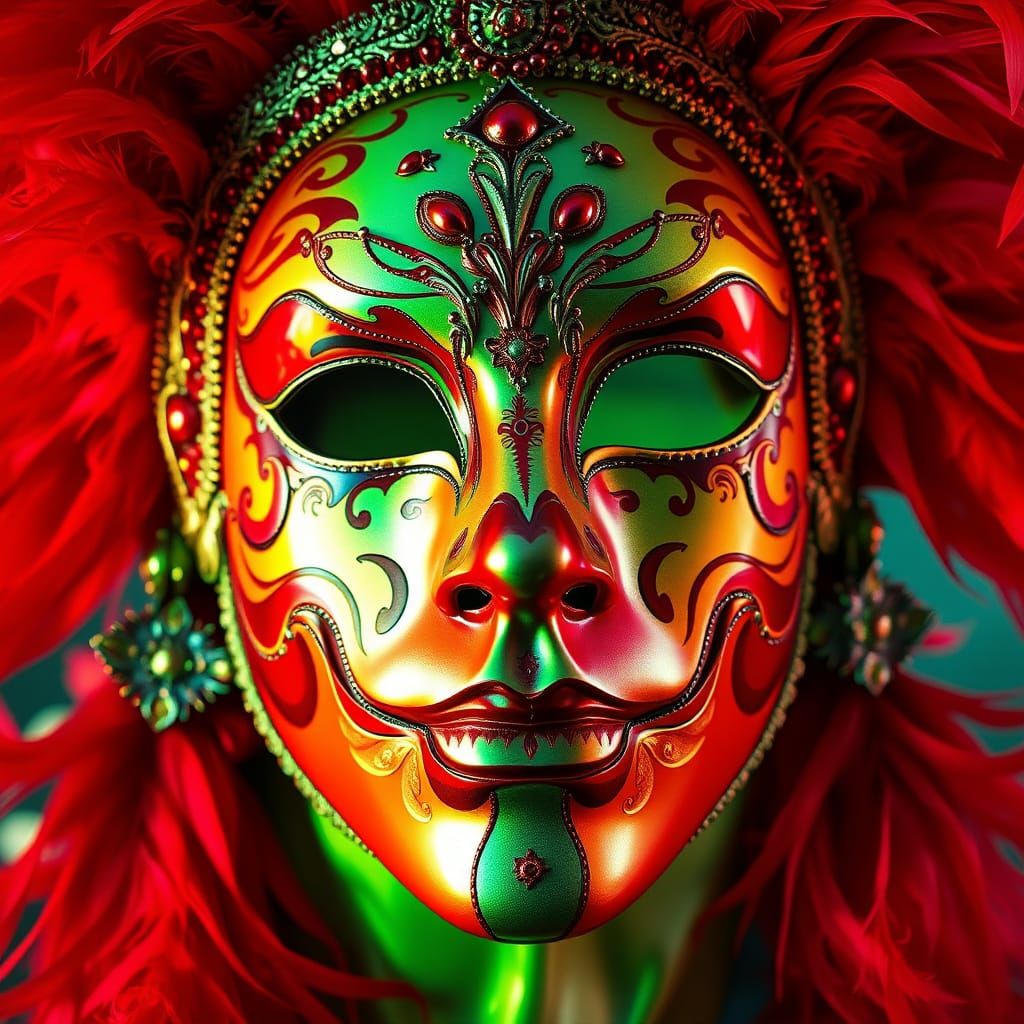 Venetian Mask with Red Feathers in Ornate Style