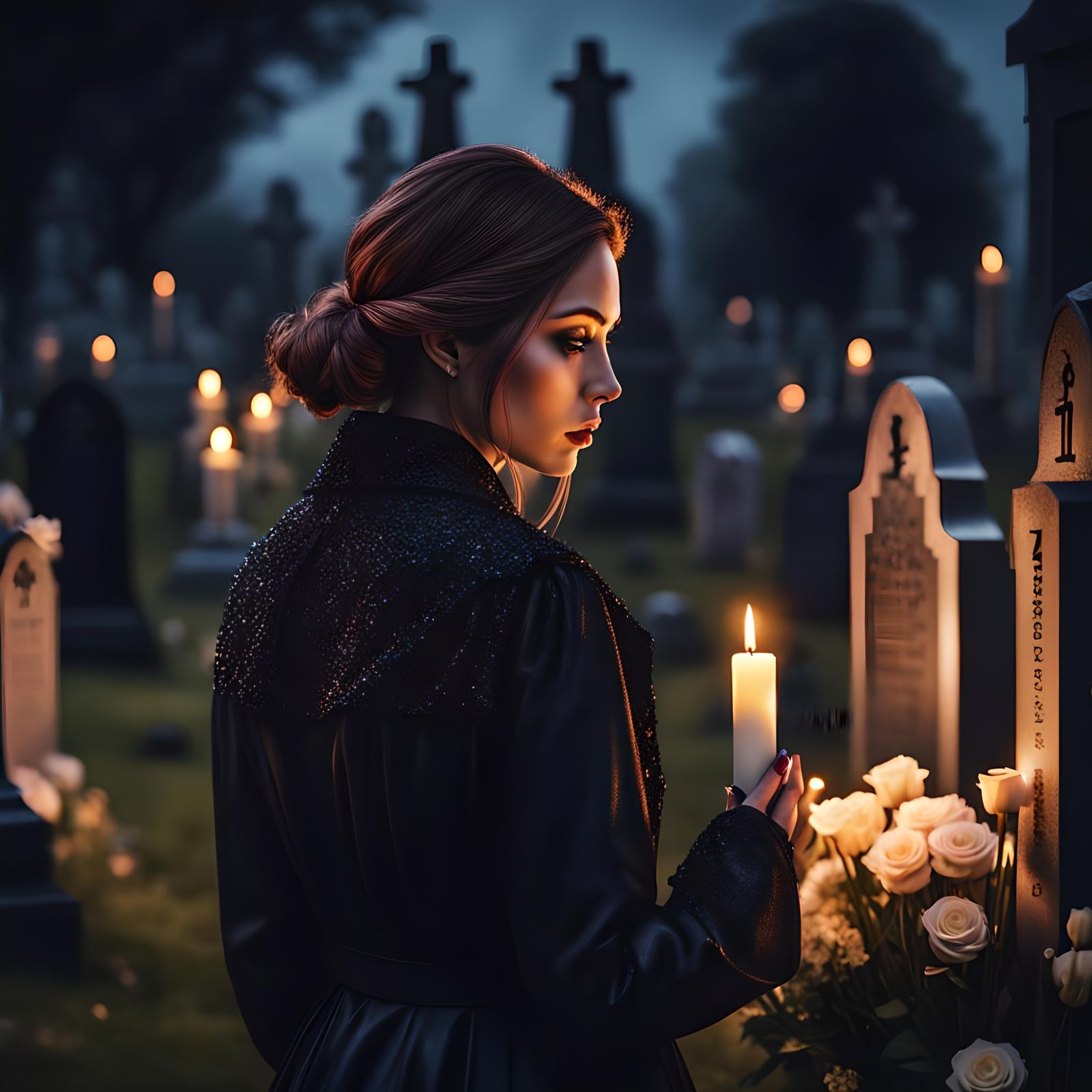 Candlelit Cemetery Scene of Sad Girl
