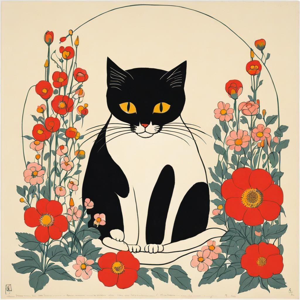 Cat Surrounded by Flowers in Abstract Style