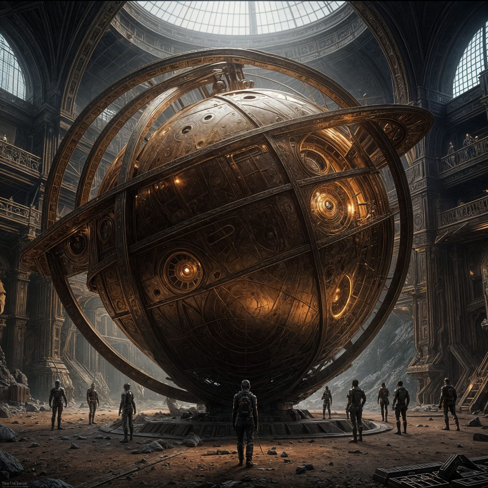 Steampunk Armillary Sphere in Cavernous Space