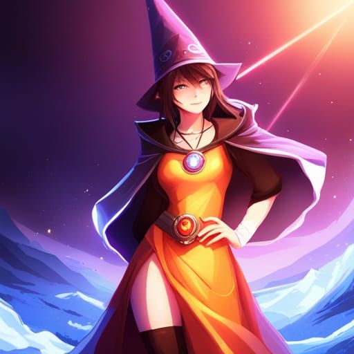 Female Wizard with Cosmic Sky Background