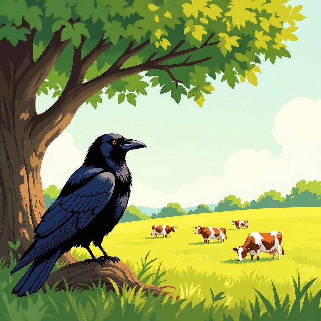 Crow Mooing at Cows in Field, Painterly Style