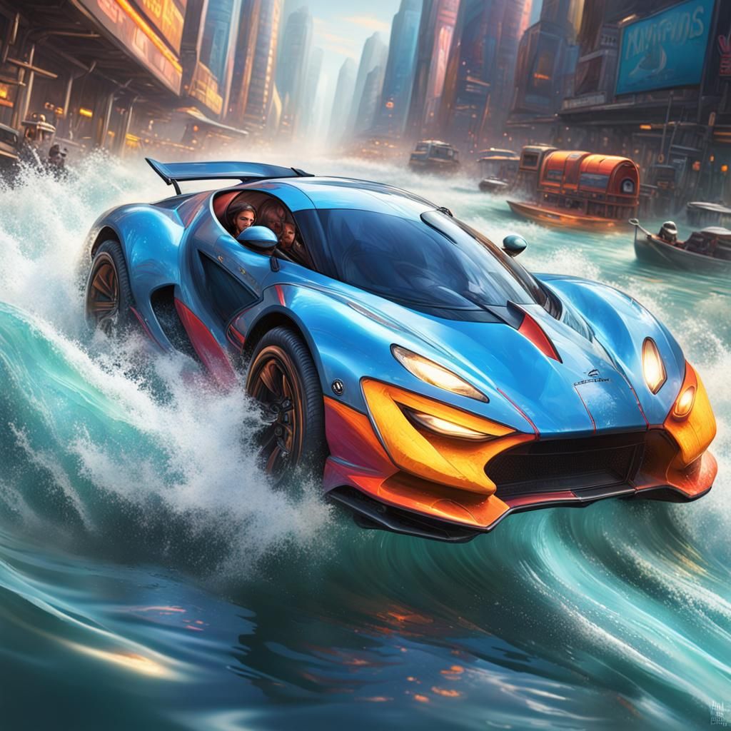 Alien River Metropolis Racers in Hyperrealistic Style