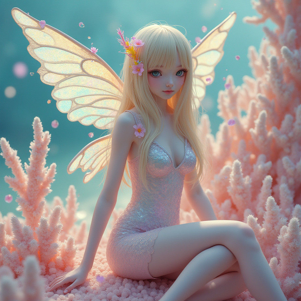 Humanoid Butterfly with Iridescent Wings in Ethereal Setting