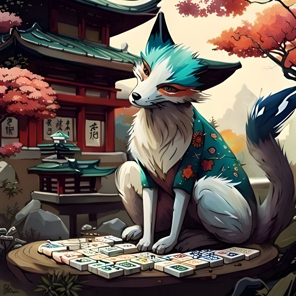 Japanese Fox Plays Mahjong in Hyperrealistic Style