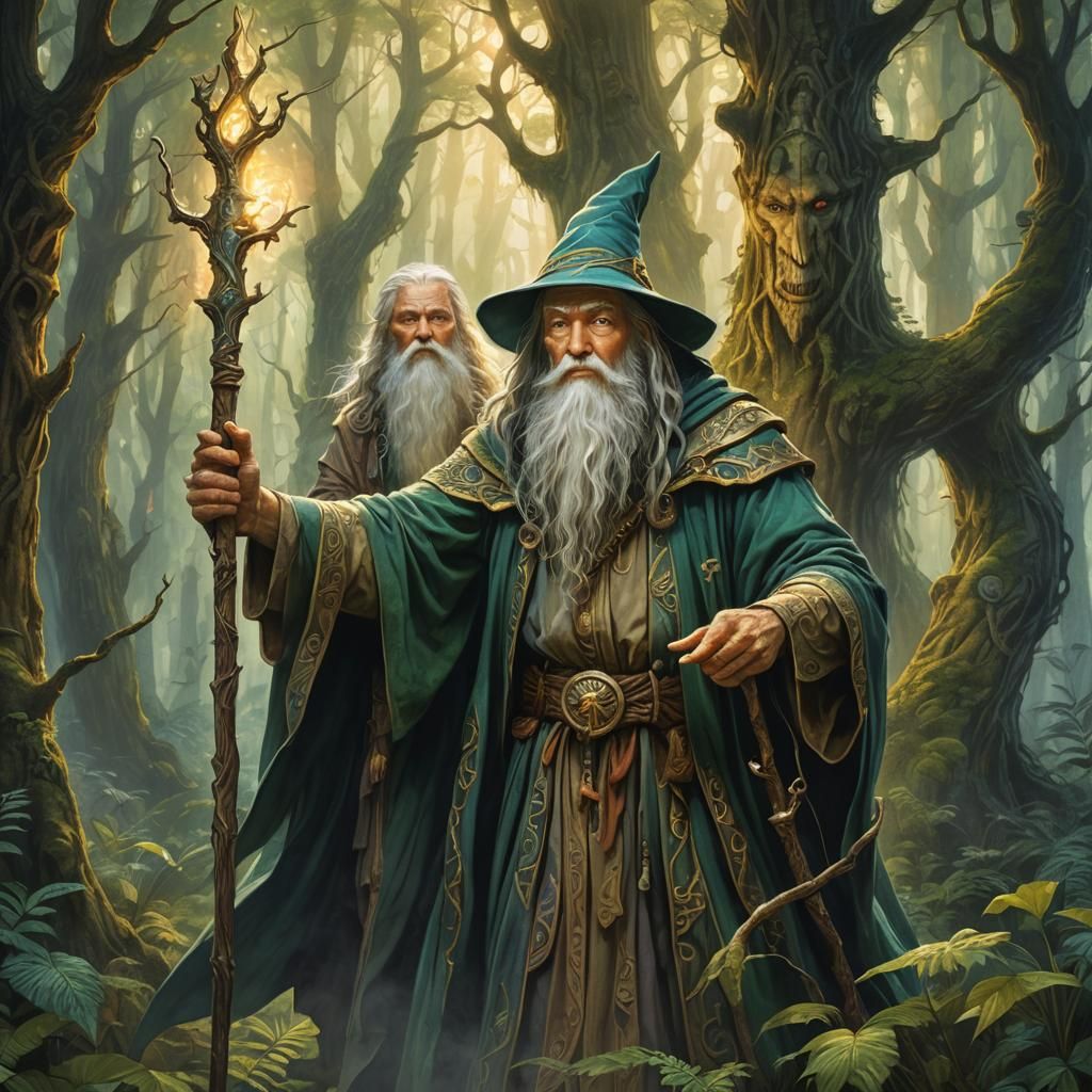 Wizard's Staff in Mystical Forest Watercolor Illustration
