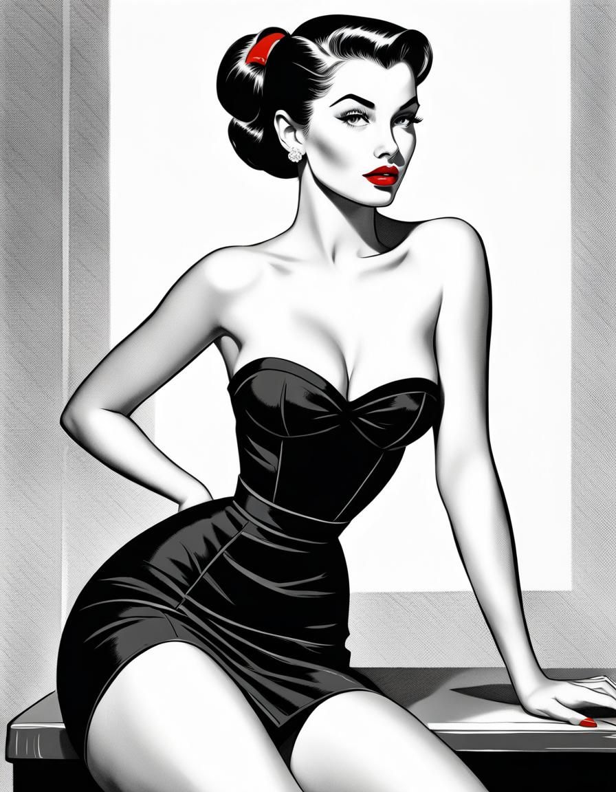 Retro Black and White Line Art of Brunette