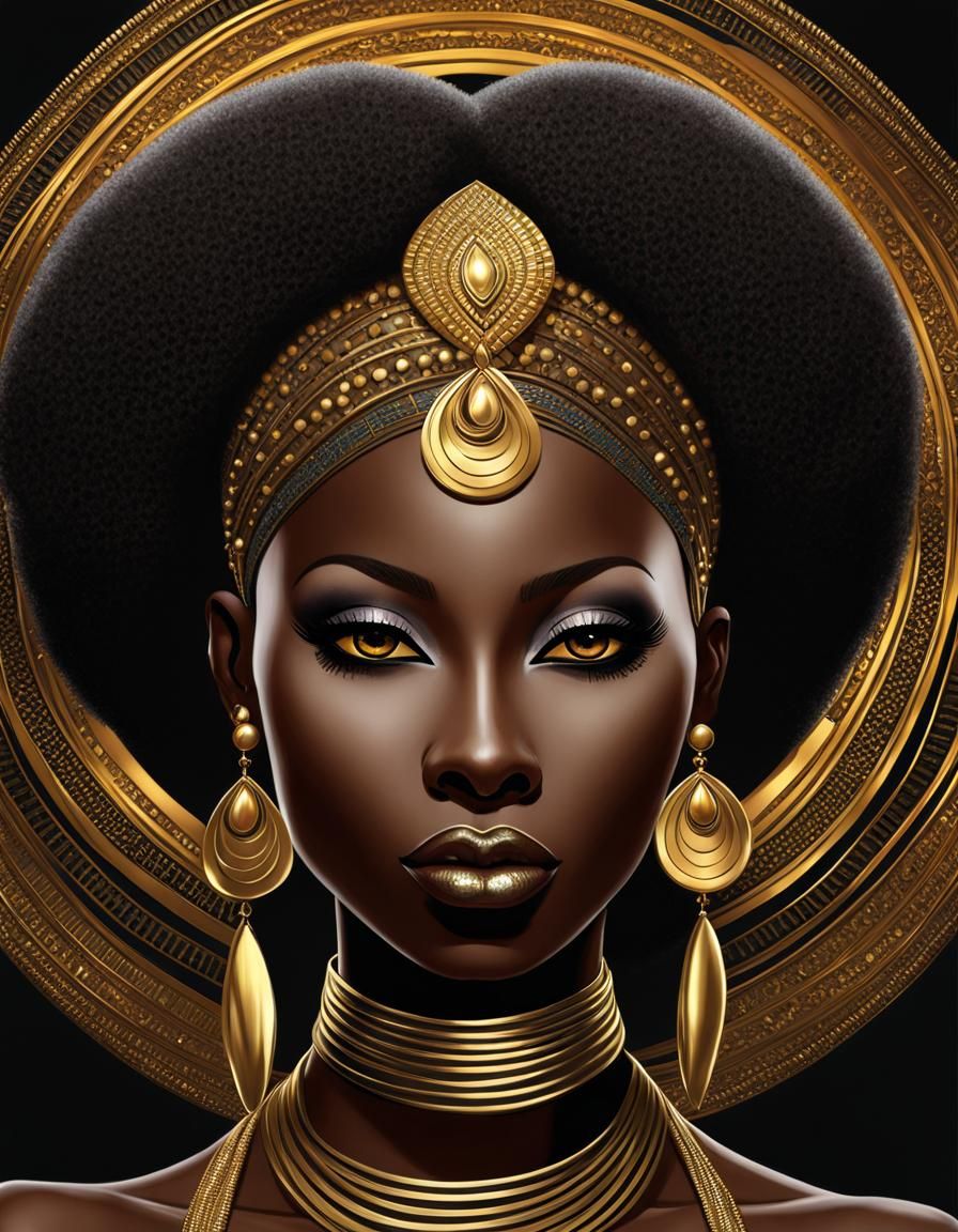 "No hair and wings Digital painting of an African goddess: Depict in detail the face of a black woman with dark skin and...