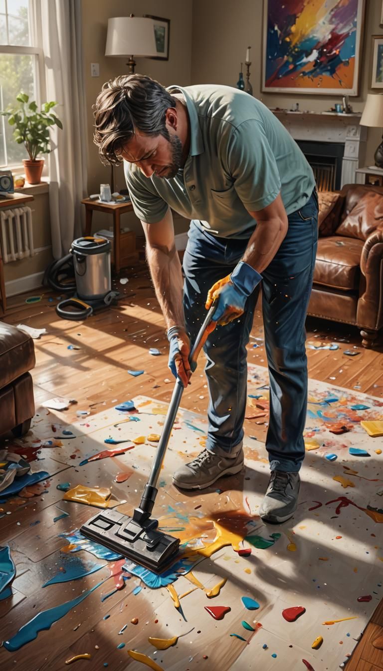 Husband Cleaning Living Room Floor: Hyperrealistic Concept A...