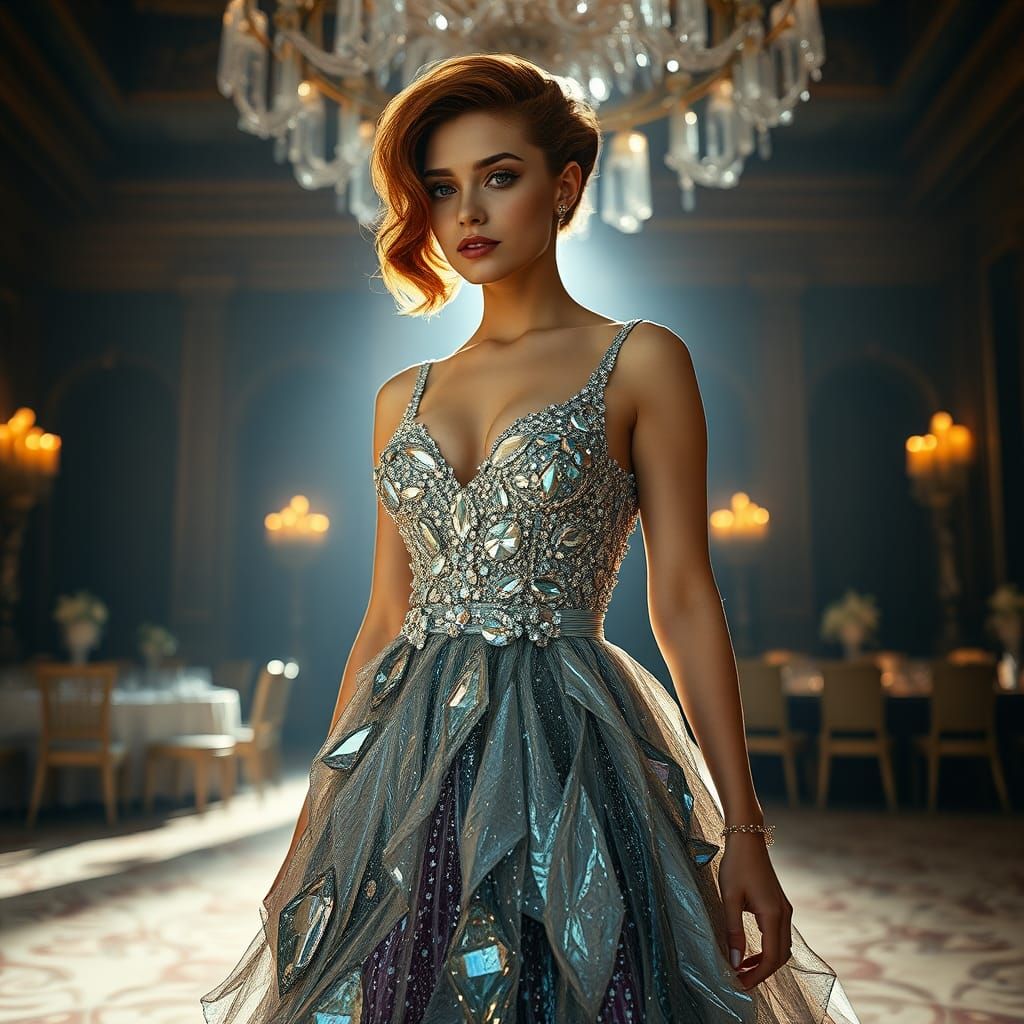 Crystal Dress in Grand Ballroom, Hyperrealistic Rendering