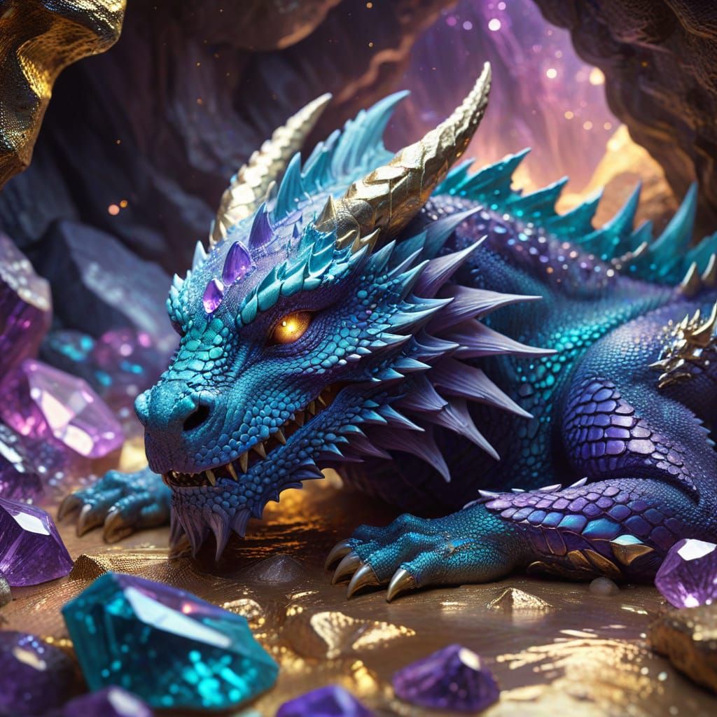 Purple Dragon Sleeping in Bioluminescent Crystal Cave